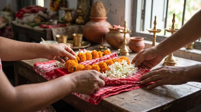 People arranging flower garlands of marigolds and white jasmine on a red-checked gamcha cloth over a rustic wooden table with traditional puja items in the background