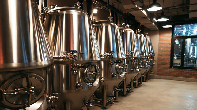 Row of gleaming stainless steel fermentation tanks in a modern brewery, showcasing industrial brewing equipment and the meticulous process of beverage production in a clean, contemporary facility