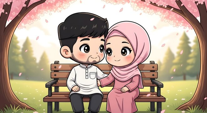 Cute Chibi Muslim Couple Sitting Under Blossoming Cherry Tree
Romantic Cartoon Muslim Couple on a Bench with Falling Cherry Blossoms
Man in White Thobe and Woman in Pink Hijab in a Spring Garden