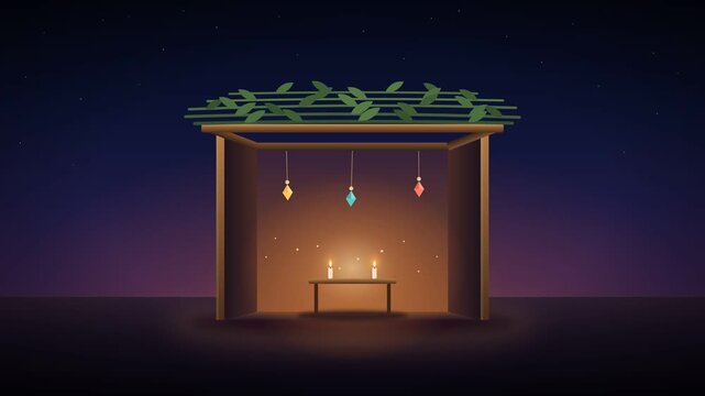 Sukkot Sukkah Night Scene with Lit Candles and Hanging Ornaments Animation