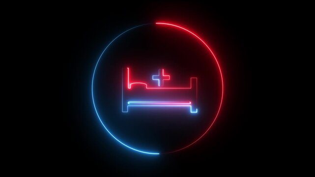 Hospital bed icon depicting patient care process for medical recovery and healthcare facility.Colorful lighting hospital bed centered black background.