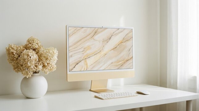 Modern All-in-One Computer with Marble Screen on Minimalist White Desk with Dried Flowers and Natural Light, concept of modern workspace and productivity