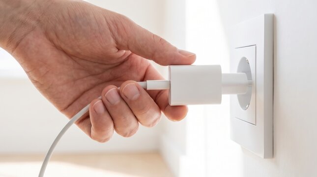 Person connects white charger plug into electrical wall outlet indoors with precision. Focused hand attaches mobile phone charging equipment to European power socket on bright surface.