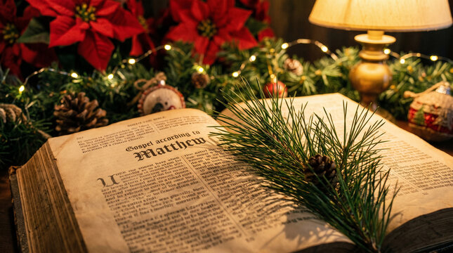 Open Holy Bible on wooden table with Christmas decorations, evergreen pine branches, warm glowing lamp light, and red poinsettia flowers.