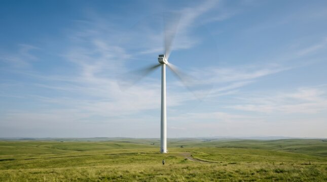 Single modern wind turbine with blurred rotating blades standing in a vast green field under a clear blue sky, generating clean energy, concept of renewable energy and environmental sustainability