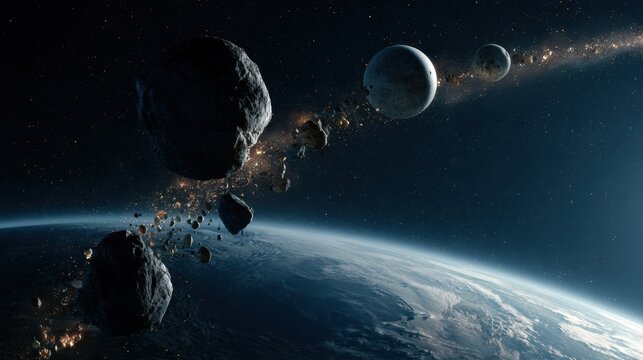 Material moves from the asteroid belt through lunar processing to delivery on Earth, showcasing an emerging space commodity market.