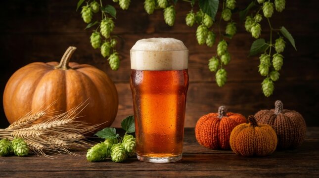 Autumnal craft beer pint with frothy head, fresh green hops, ripe orange pumpkins, and golden wheat on a rustic wooden background, celebrating fall harvest and brewing traditions, concept of autumn ce