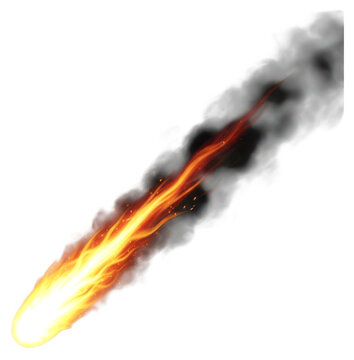 Burning falling meteor with bright fire and dark smoke trail