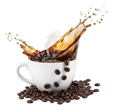 Coffee splashing out of a white cup with roasted coffee beans