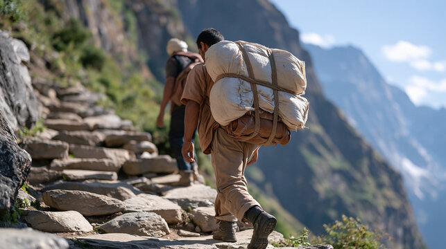 An Uttarakhand mountain porter carries heavy supply loads up a steep Himalayan trail, trekking route support, altitude labor, high-altitude logistics, expedition support economy,