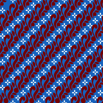 Seamless Indonesian Parang Pattern with Red Diagonal Ornaments and White Geometric Flowers