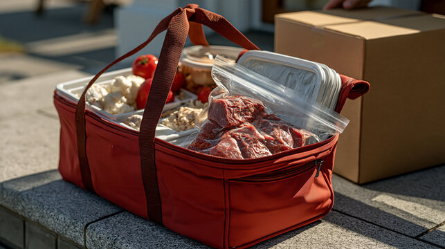 Close up of refrigerated last mile bag open on doorstep, vacuum sealed meal kit contents visible, fresh ingredients packed with ice packs, subscription food delivery arrival,