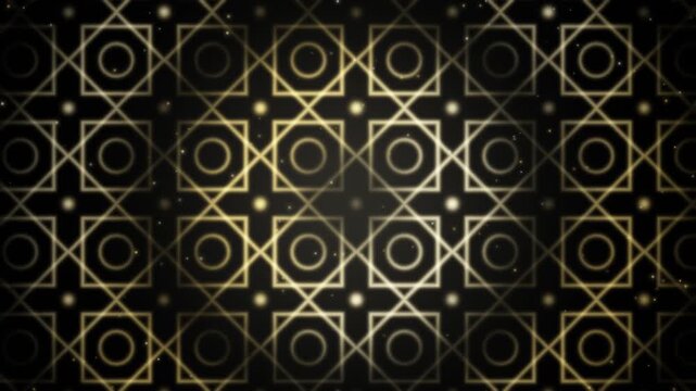 Islamic geometric trellis pattern with golden lattice overlay on black
