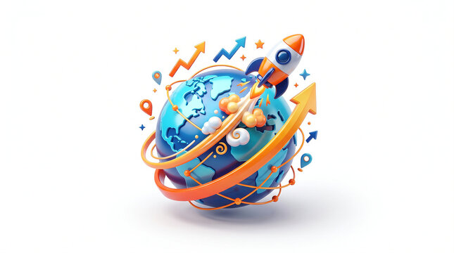 3D Rocket Launching from Globe with Rising Arrows, Symbolizing Global Business Growth and Startup Success on White Background