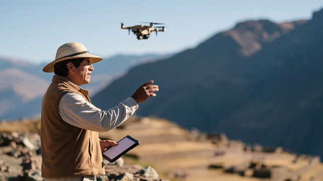 Peruvian archaeologist standing at the edge of ancient terraced ruins directing a photogrammetry drone overhead, cultural heritage documentation, remote survey, historical site