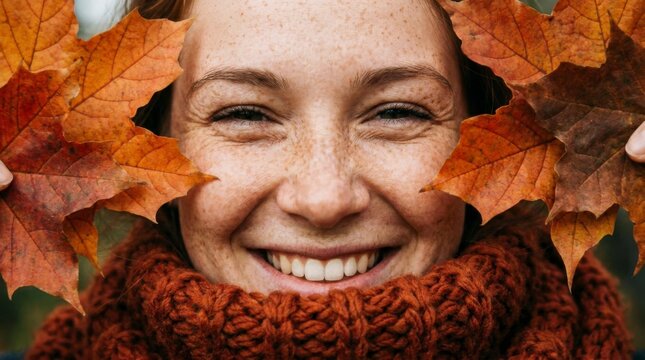 Close-up of a happy young woman with freckles smiling and holding vibrant orange autumn maple leaves around her face, wearing a cozy knitted scarf, concept of autumn joy and seasonal beauty