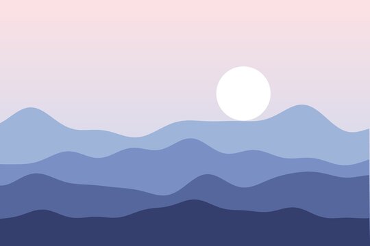 Flat hills landscape at pink and blue dawn, minimal vector style