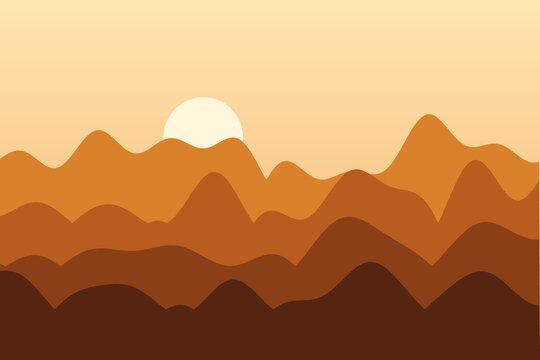 Flat mountain landscape at warm autumn sunset, minimal vector style