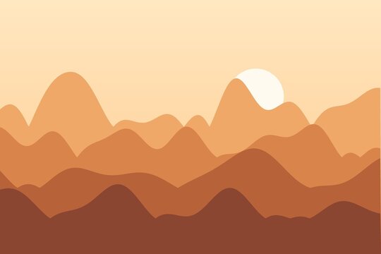 Flat mountain landscape at desert sunset, minimal vector style