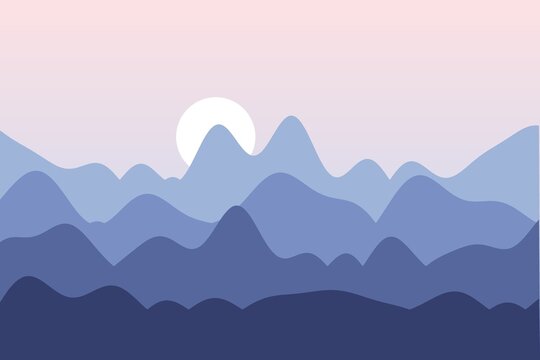 Flat mountain landscape at pink and blue dawn, minimal vector style
