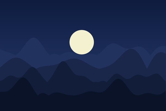 Flat mountain landscape at night with full moon, minimal vector style
