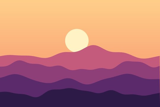 Flat hills landscape at orange and purple sunset, minimal vector style