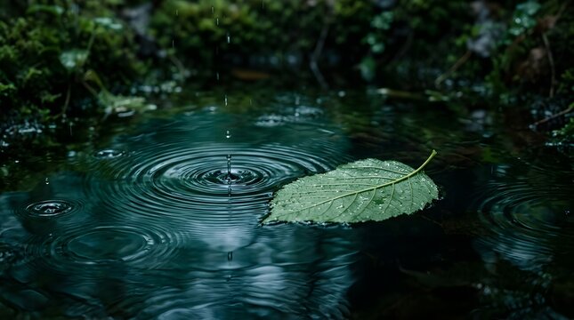 Green leaf floating on dark forest pond with falling raindrop ripples