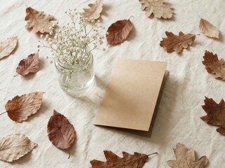 Autumn Greeting Card Flat Lay with Dried Leaves and Flowers © Dwi