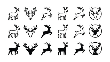 Collection of reindeer icons showing various poses and head profiles in both outline and solid black silhouette styles on a white background © shahin