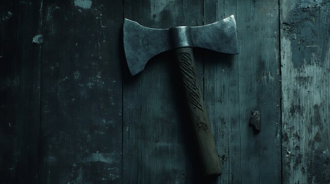 A double-bit axe with carved handle rests on a dark wooden surface