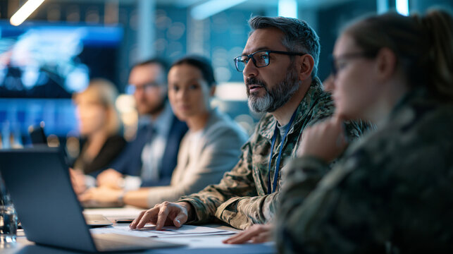 Space defense policy meeting in modern military conference room