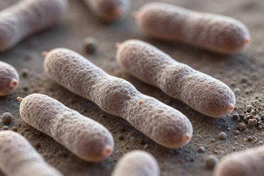 Bacteria under microscope showing rod shaped microorganisms on textured surface
