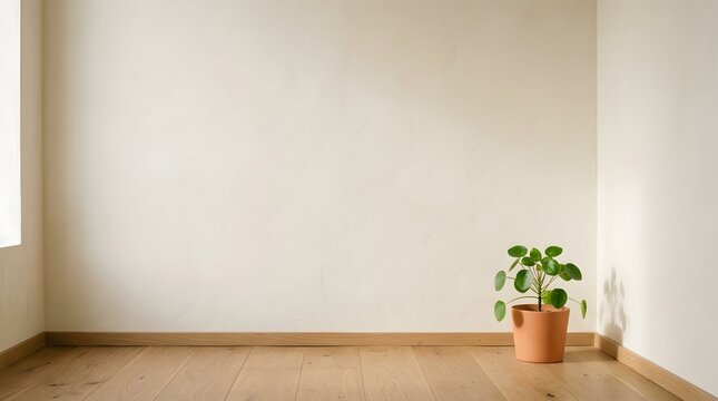 Empty cream room with pilea plant in terracotta pot and copy space