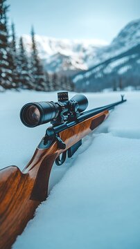 A hunting rifle with a scope rests in the snow, mountains in the background