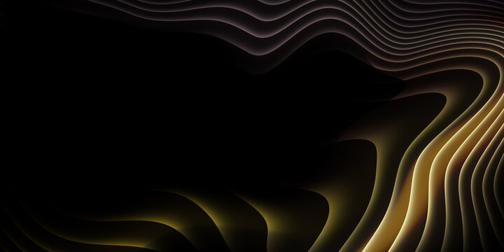 Dark black abstract background with glowing golden contour waves, flowing topographic lines and elegant luminous curves, premium luxury texture for modern branding, technology banners and presentation