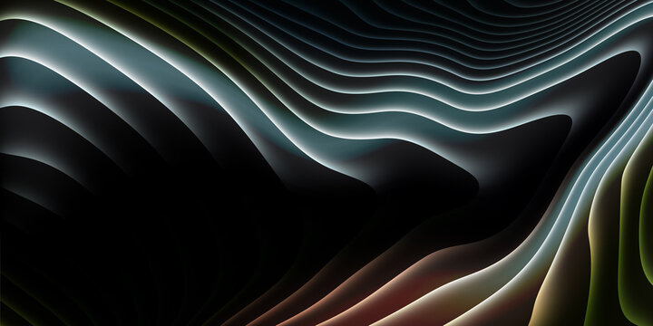 Abstract dark contour wave background with flowing metallic blue, silver and green lines, elegant topographic curves, futuristic dimensional texture, premium technology backdrop for branding
