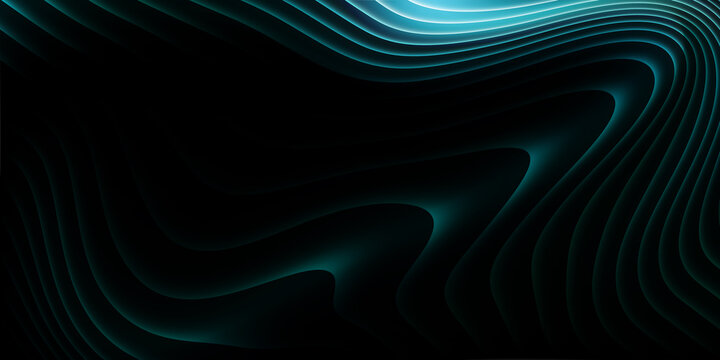 Abstract cyan contour wave background with luminous flowing lines, futuristic topographic curves, dark premium texture, digital energy pattern for technology branding, banners and presentations