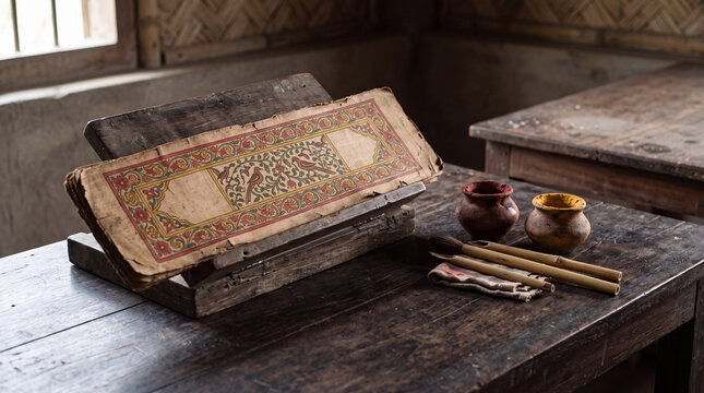 Painted Agar Bark Manuscript Folio With Natural Pigments
