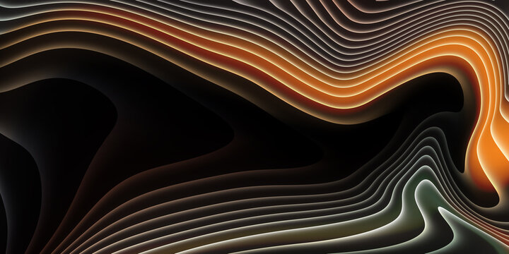 Abstract black and orange flowing contour lines background with glowing wave patterns, modern topographic texture, dynamic layered curves, elegant luxury design for branding and banners