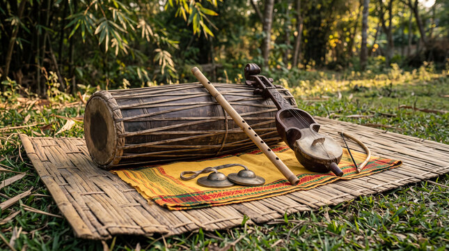 Bodo Folk Instruments Kham Drum, Siphung Flute and Serja