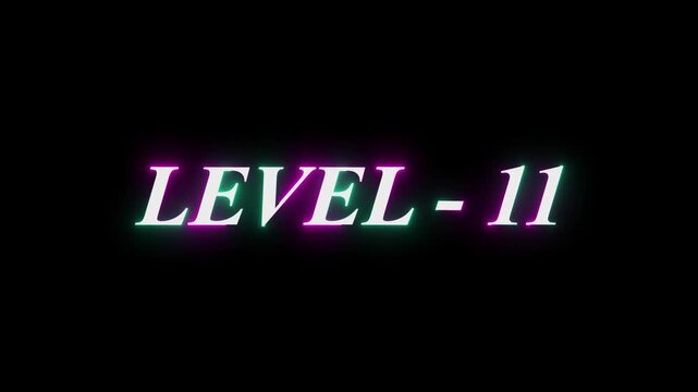 Neon Level 11 text font animation. Letters spelling out level Up appear screen display animation. Level Up neo