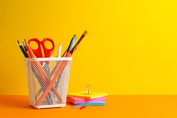 White holder with stationery on table, copy space © Sunlight