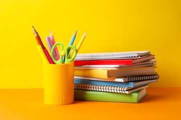 Yellow holder with stationery and textbooks on table © Sunlight