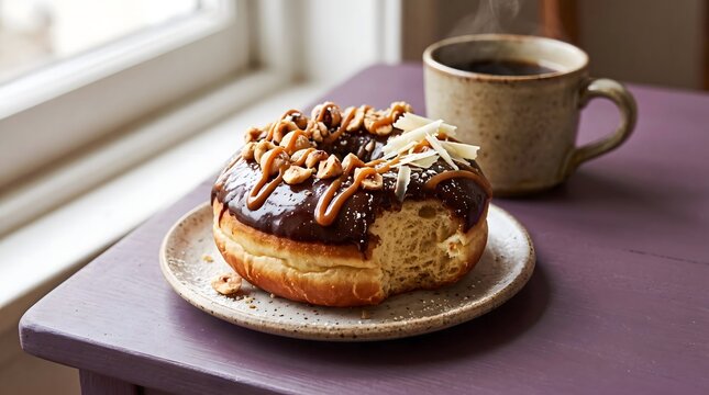 Chocolate Frosted Donut with Caramel Drizzle and Hot Coffee Mug   
