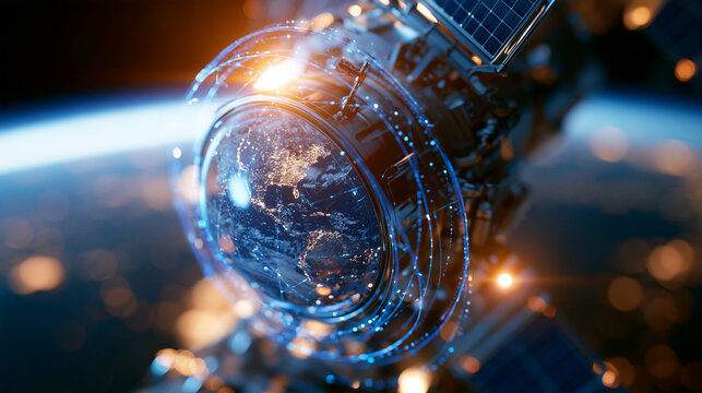 Close-up military communications satellite with Earth reflected