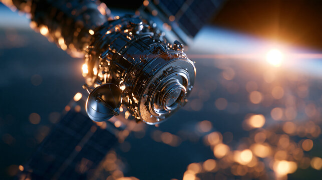 Close-up of military communications satellite with Earth reflected