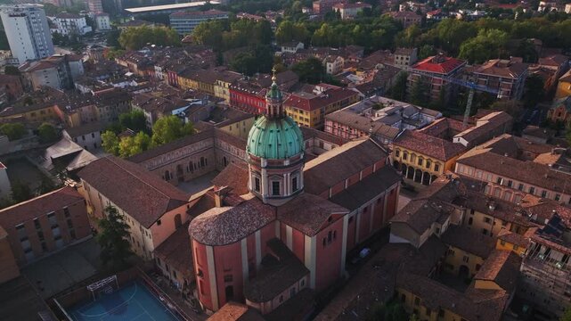 Aerial drone view of Parrocchia di San Pietro in Reggio Emilia, Italy