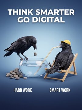 A thought-provoking image contrasts hard work and smart work using two crows. One crow is shown dropping pebbles into a bowl of water, representing hard work.