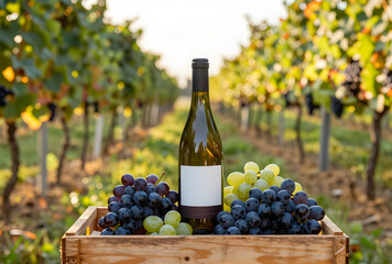 Naklejka premium Wine bottle with grapes in vineyard wooden crate at golden hour