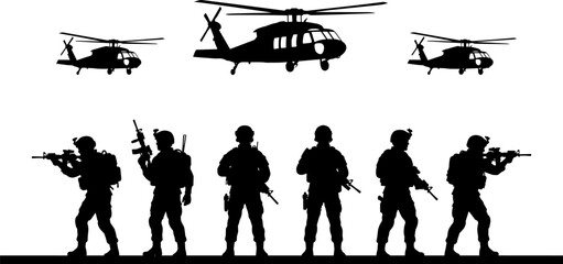 Fototapeta premium Military soldiers silhouettes with helicopters